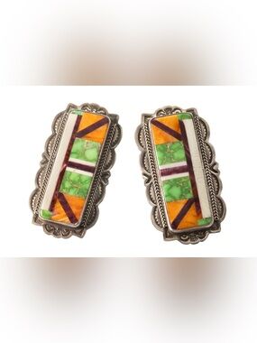Inlay Sterling Silver Earrings Aldrich Green Turquoise Spiney Oyster Sugilite